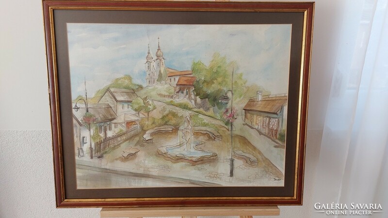 (K) Nagyobb méretű akvarell festmény 70x57 cm kerettel falurészlet, templommal