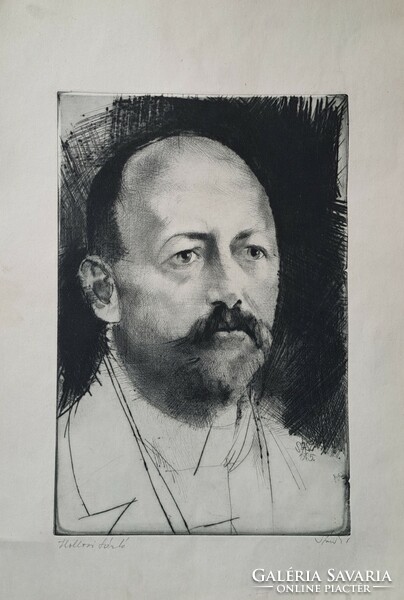 Endre Szasz: portrait of László raven - etching male portrait, Szekszárd botanist