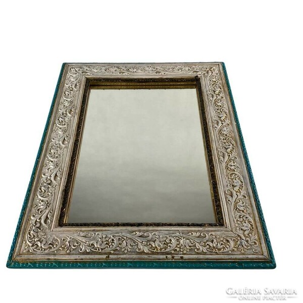 Upcycled antique turquoise-white wall mirror - ua389