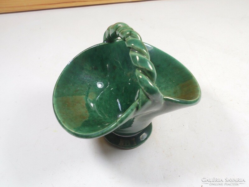 Retro old green glazed ceramic small basket bowl dish ornament - 8.2 cm high