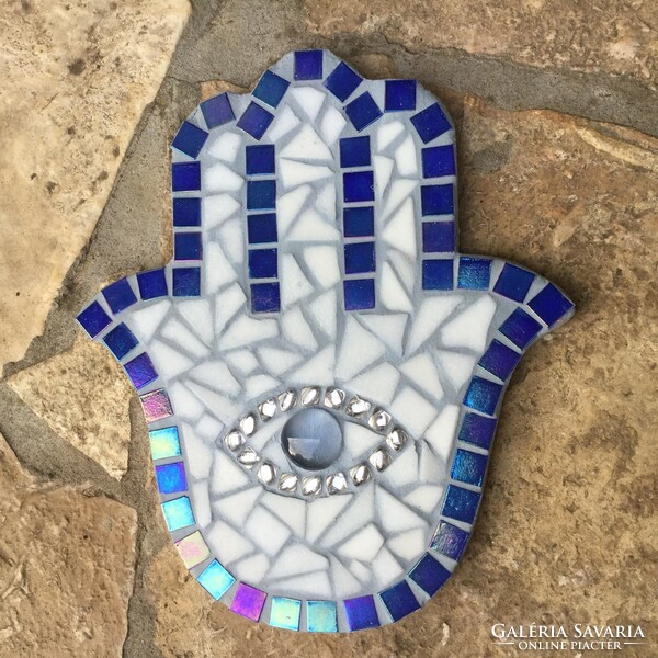 Red and Blue Pearlescent Glass Mosaic Hamsa Hand Fatima Hand Wall Picture Table Decoration Amulet