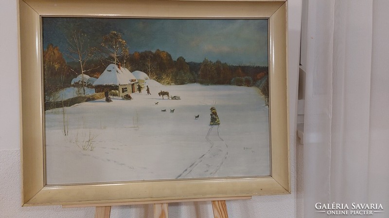 (K) beautiful signed winter landscape painting with frame 68x52 cm. Oil on canvas.