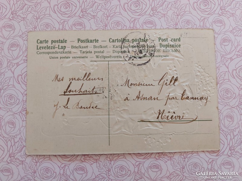 Régi képeslap dombornyomott levelezőlap borostyánlevél nefelejcs tájkép