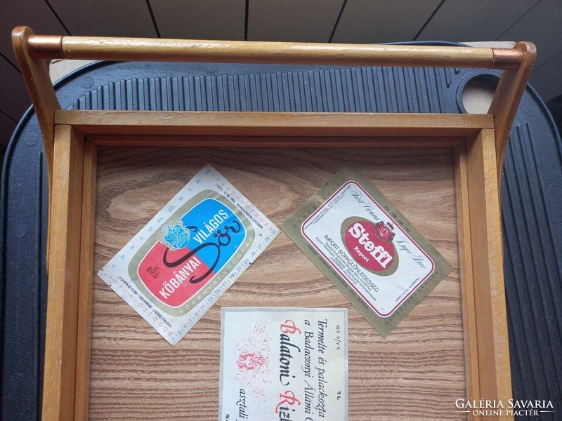 Solid wooden beer tray from the 60s decorated with retro beer labels