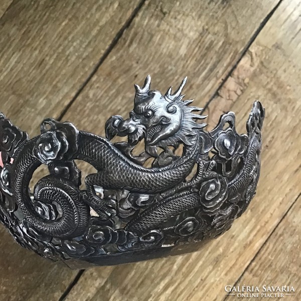 Antique Chinese or Japanese silver bowl (glass missing!) with a dragon motif