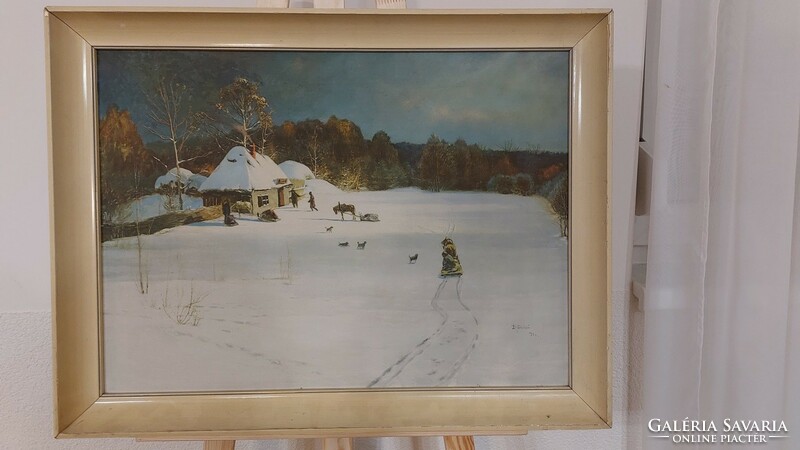 (K) beautiful signed winter landscape painting with frame 68x52 cm. Oil on canvas.