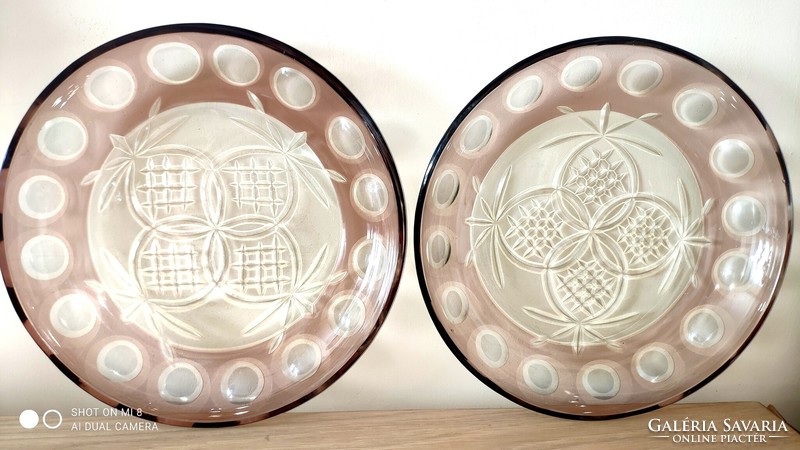 Wonderful pale blueberry engraved, peeled lead crystal plates