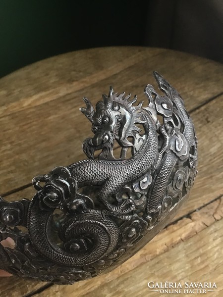 Antique Chinese or Japanese silver bowl (glass missing!) with a dragon motif