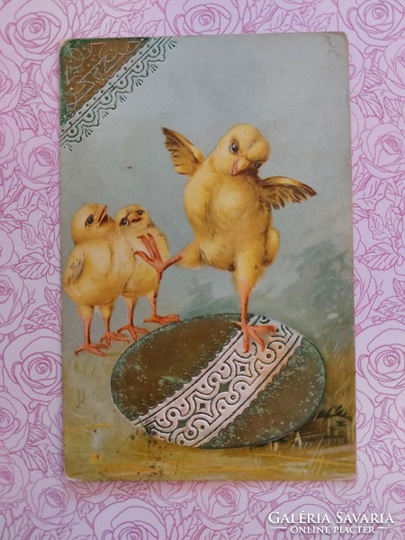 Régi húsvéti képeslap dombornyomott levelezőlap tojás csibe