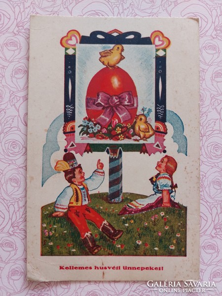 Régi húsvéti képeslap 1940 rajzos levelezőlap gyerekek tojás csibe