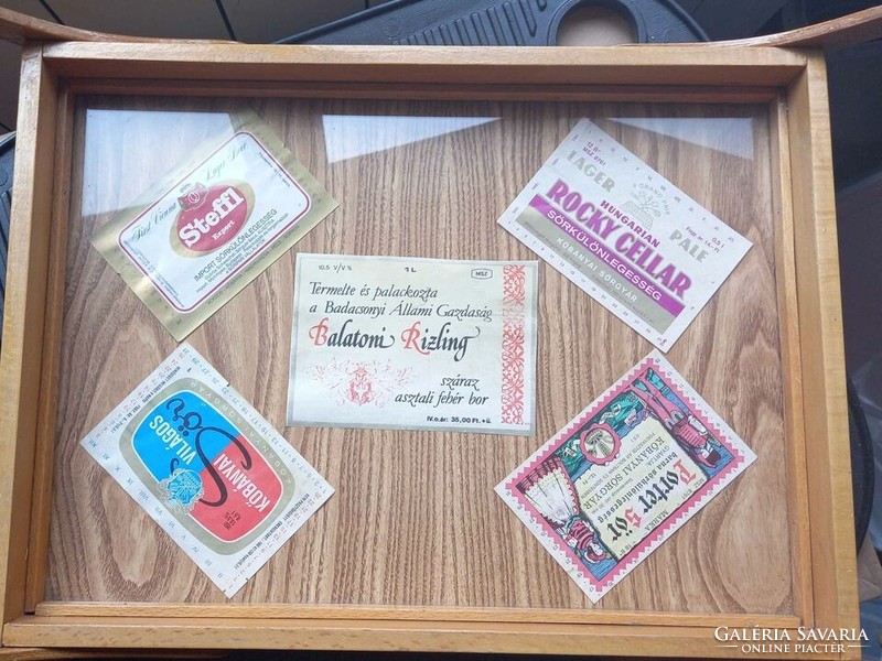 Solid wooden beer tray from the 60s decorated with retro beer labels