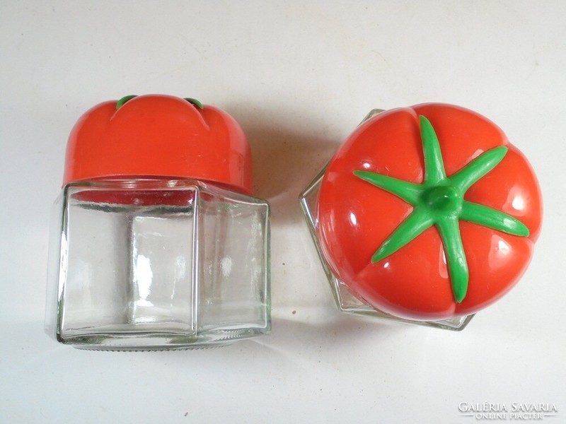 Retro old marked 6-cornered glass jar spice holder sugar holder storage-tomato-shaped roof-2 pcs