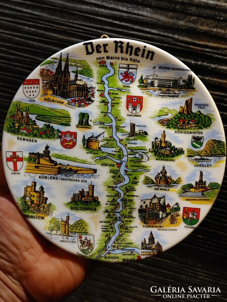 RAJNA    A Rajna Mainztól Kölnig   dísztányér térképpel  emlék