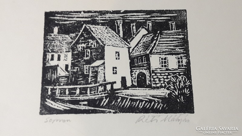 Linocut landscape by Mátyás Réti Sopron, 1980