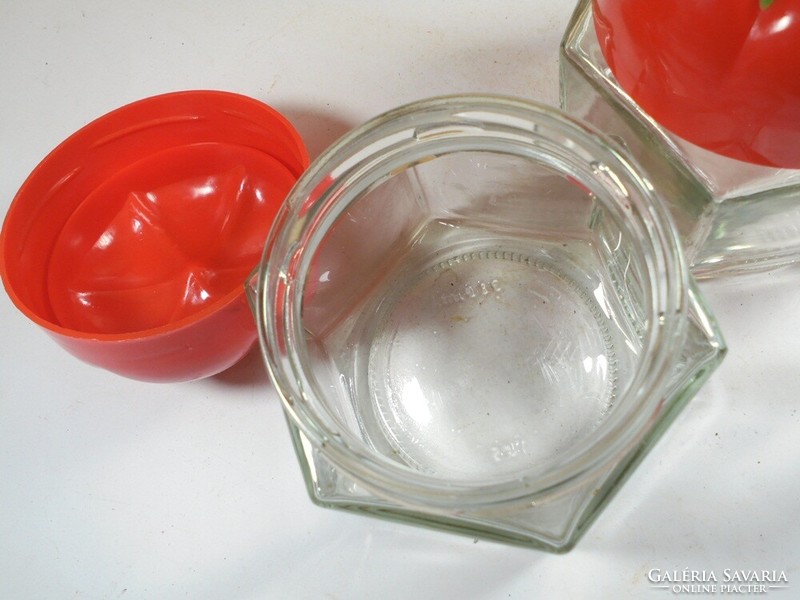 Retro old marked 6-cornered glass jar spice holder sugar holder storage-tomato-shaped roof-2 pcs
