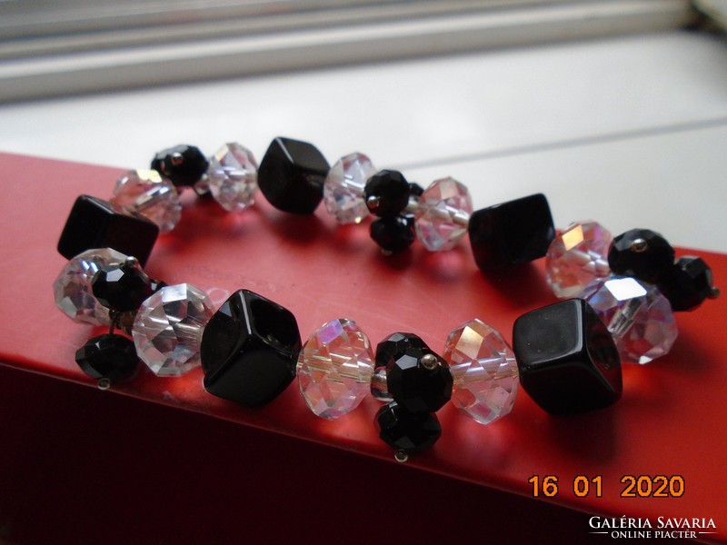 Polished black mineral cubes, curls and Swarovski faceted crystals, bracelet