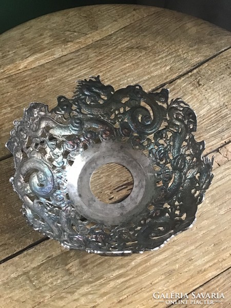 Antique Chinese or Japanese silver bowl (glass missing!) with a dragon motif