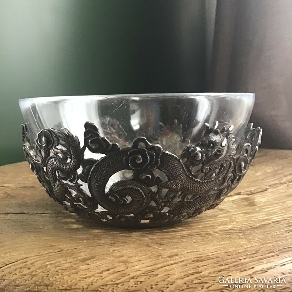 Antique Chinese or Japanese silver bowl (glass missing!) with a dragon motif