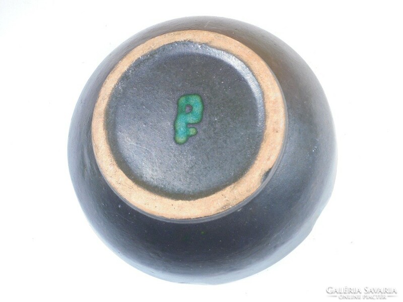 Retro régi jelzett iparművész iparművészeti zöld fekete kerámia hamutál hamutartó hamus hamu tartó