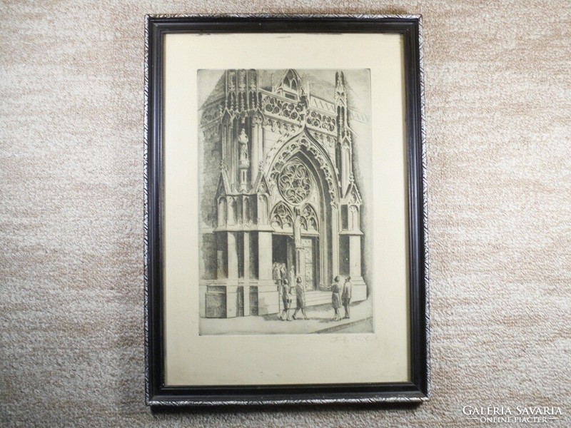 Mihály Füle (1914-2005) copper-etched picture in a decorative wooden frame, - depiction of a Gothic church