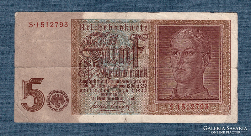 5 Reichsmark  1942 azaz 5 Birodalmi Márka 7 jegyű sorszámmal RITKA