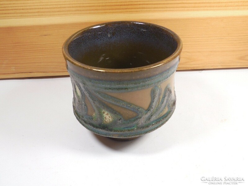 Retro old marked glazed ceramic small bowl dish ornament table decoration wick candle holder - 7.3 cm high
