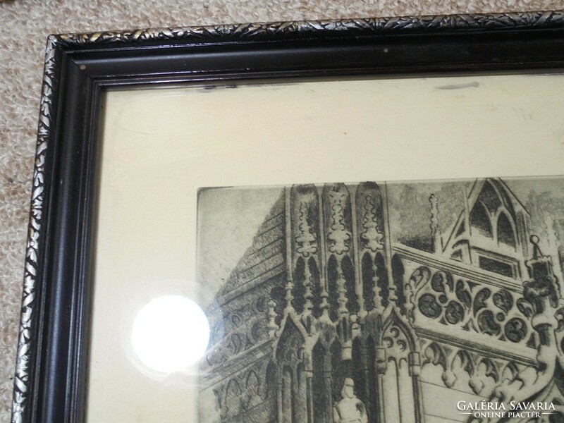 Mihály Füle (1914-2005) copper-etched picture in a decorative wooden frame, - depiction of a Gothic church