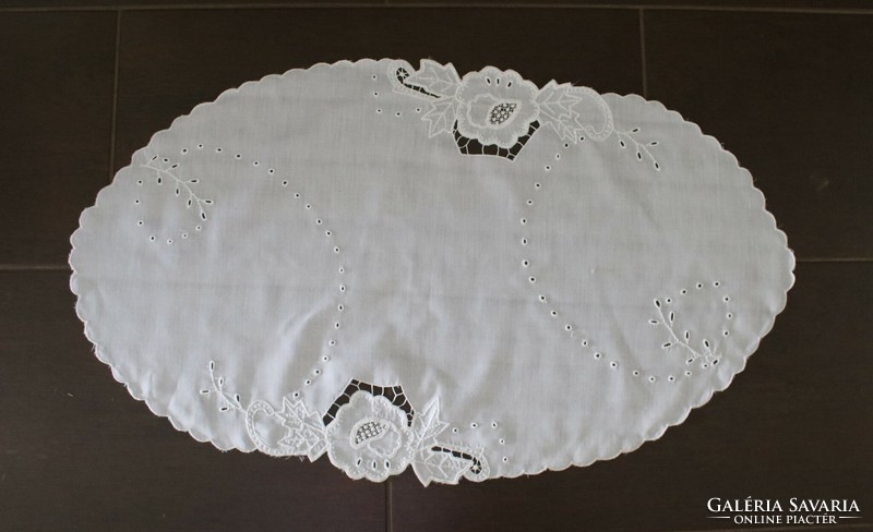 A snow-white, wonderful tablecloth decorated with Richelieu embroidery - 78 cm x 45 cm