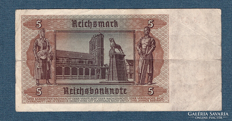 5 Reichsmark  1942 azaz 5 Birodalmi Márka 7 jegyű sorszámmal RITKA