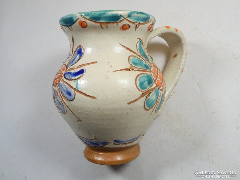 Retro Old Folk Folk Art Painted Glazed Flower Floral Ceramic Jug with Handle Height: 9.7cm