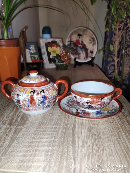 Porcelain coffee cup + base and sugar bowl