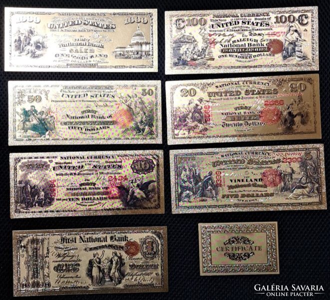 24 karátos aranyozott Amerika, 1875. évi dollár bankjegy sor, replika
