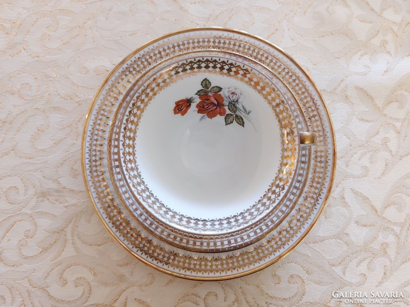 Régi Bavaria Winterling porcelán csésze rózsás vintage reggeliző készlet 3 db