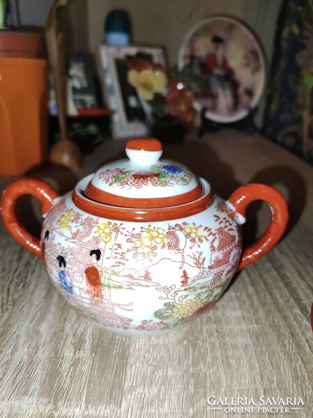 Porcelain coffee cup + base and sugar bowl