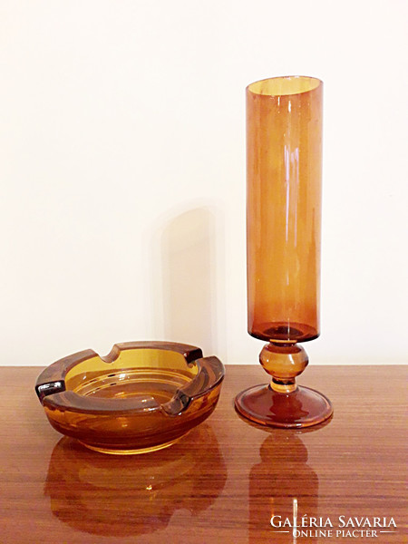 Retro üveg váza hamutál borostyánszínű 2 db