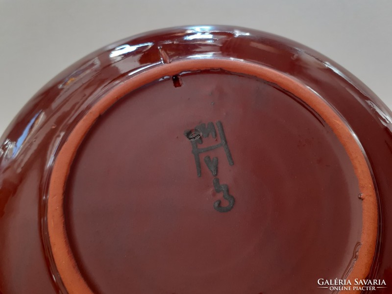 Régi Hódmezővásárhelyi barna kerámia falitányér falidísz HMV népi tányér