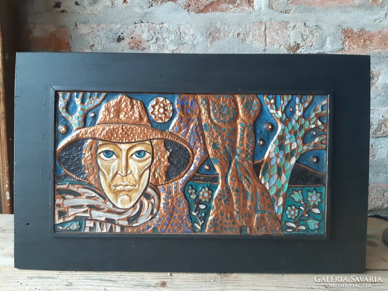 Retro painted copper relief, embossed painted copper plate image