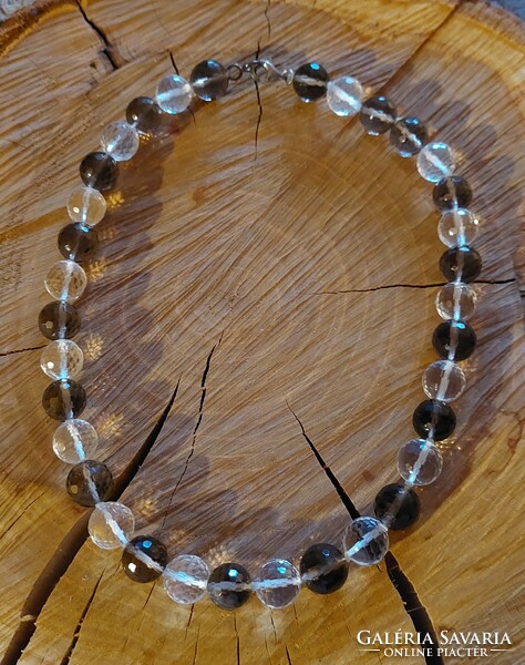 Faceted smoky quartz, rock crystal necklace with silver fittings