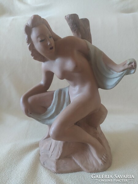 Turáni blacksmith: seated female nude, terracotta small plastic lamp, marked, 30 cm