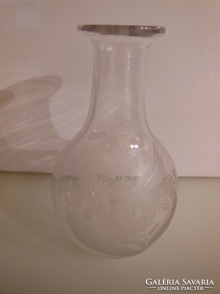 Liqueur bottle + glass - acid etched - old - 3.5 dl - 16 x 9 cm - thick - spectacular - flawless