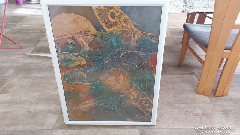 (K) Különleges absztrakt halas kép, festmény 65x84 cm kerettel