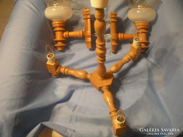 N 24 wooden 3-branch chandelier + wooden accessories for hunting lodges with 2 pieces re-strung