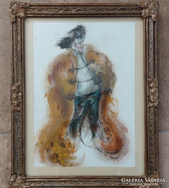 (K) pipe-smoking figure painting 38x48 cm with frame