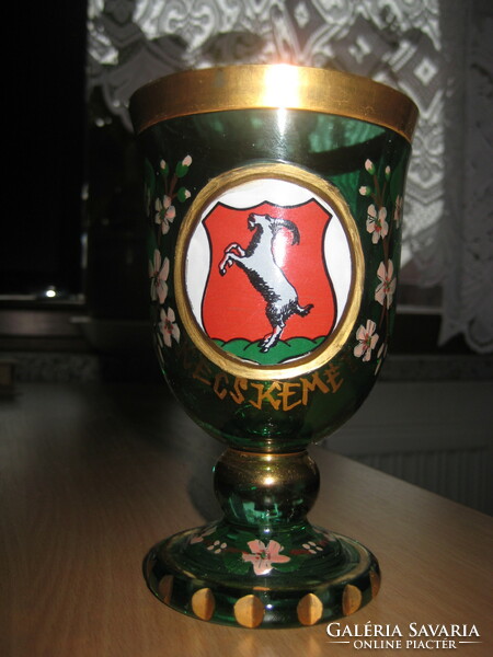 Old polished glass commemorative cup from Kecskemét, hand painted, bottom polished