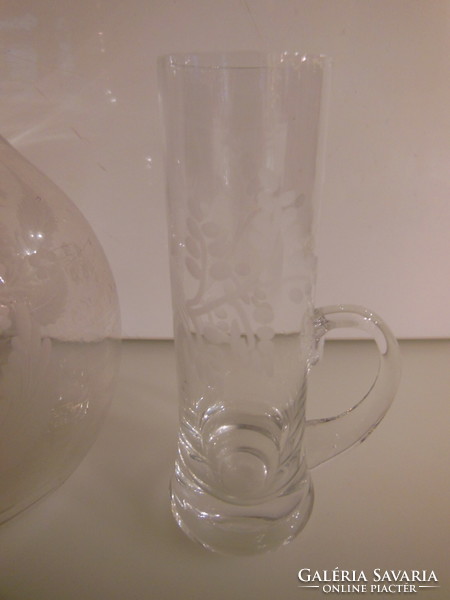 Liqueur bottle + glass - acid etched - old - 3.5 dl - 16 x 9 cm - thick - spectacular - flawless