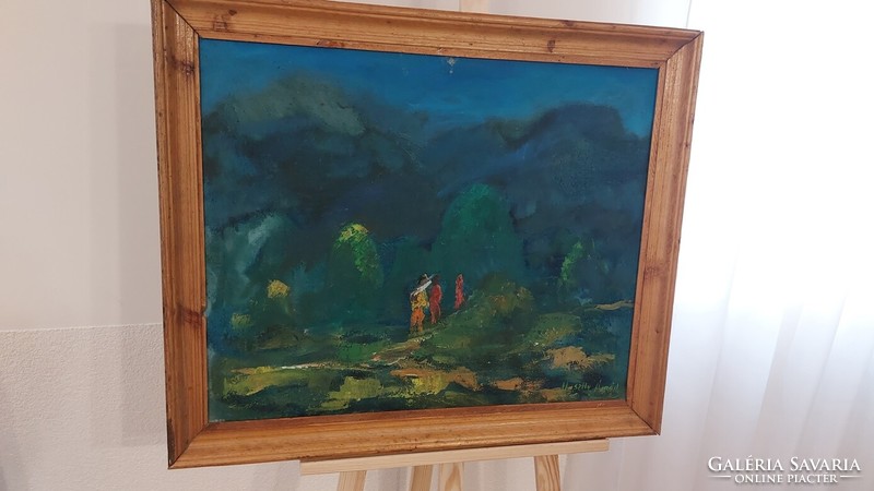 (K) Landscape painting by Árpád Huszthy with 3 figures in a 66x79 cm frame