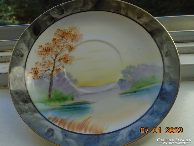 Hand painted lakeside sunrise with swan, cottage, Japanese eggshell porcelain tea cup with coaster
