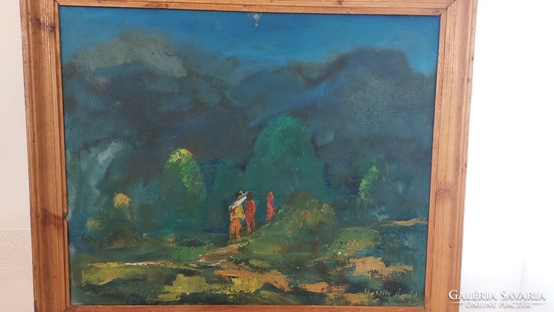 (K) Huszthy Árpád tájkép festménye 3 alakkal 66x79 cm kerettel