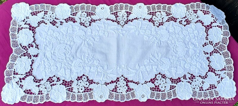 Old Kalocsa rosette white embroidery tablecloth table runner 79x35 cm