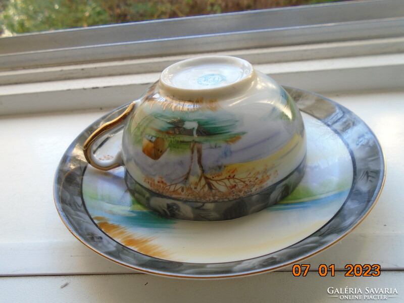 Kézzel festett tóparti Napkelte hattyúval,házikóval,japán tojáshéj porcelán teás csésze alátéttel